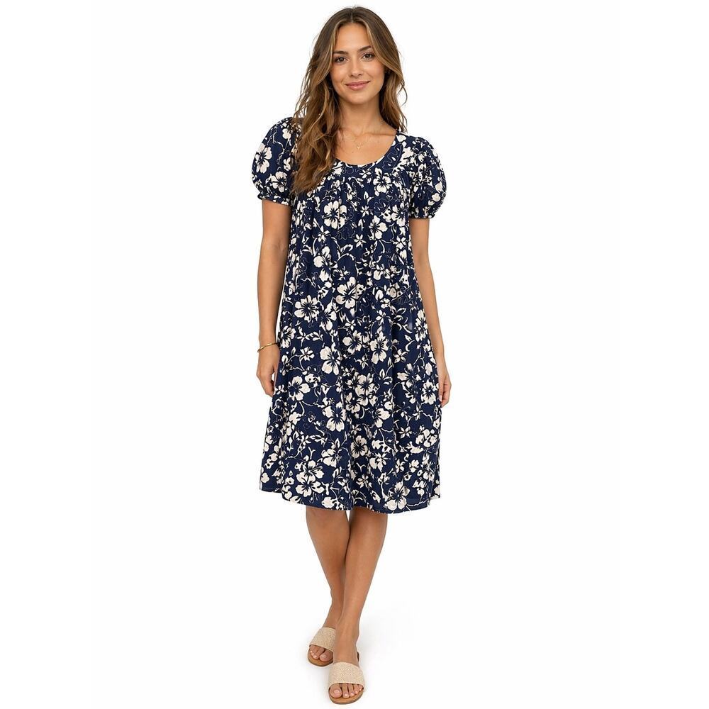Vintage Hilo Hattie Hawaii Floral Dress Size Large 100% Cotton Blue White